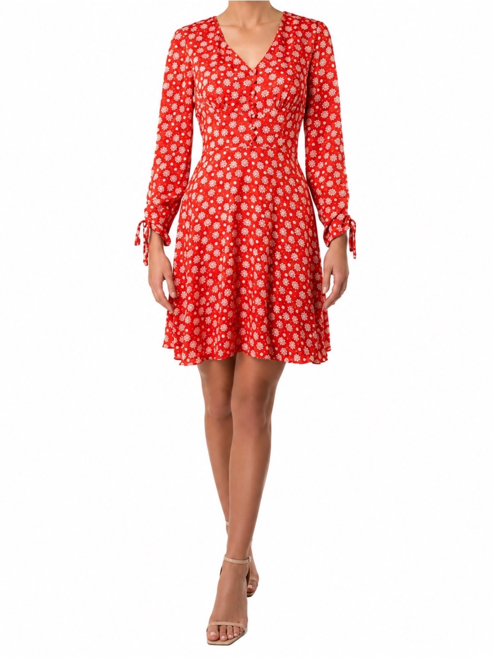Aqua Red Floral V-Neck Long-Sleeve A-Line Dress